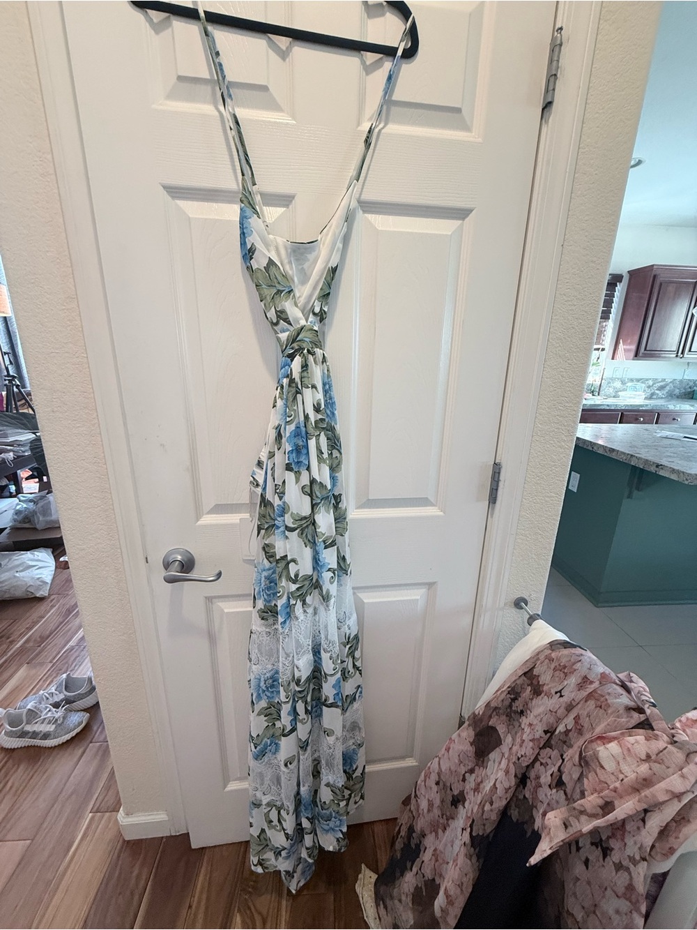 White Maxi Dress with Blue Floral Print - Spaghetti Strap